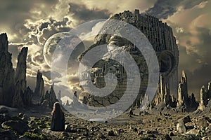 Surreal landscape with a giant head-shaped structure crumbling into ruins under a moonlit sky, symbolizing the downfall