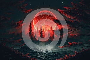 Surreal landscape with a glowing red moon shining down on a dark forest, with mist rising from the trees illustration generative