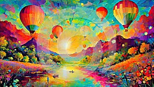 Surreal landscape with hot air balloons in the sky