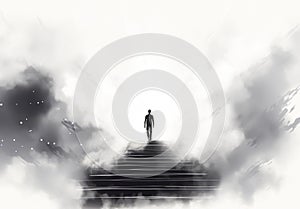 Surreal landscape with man climbing stairs in the clouds. Escapism concept. Digital art photo