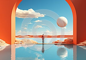 Surreal landscape with man standing by orange arch, looking at clouds and sky with a big moon. Escapism concept. Digital art photo