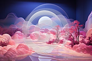 Surreal landscape with pastel clouds and luminous moon. AI Generated