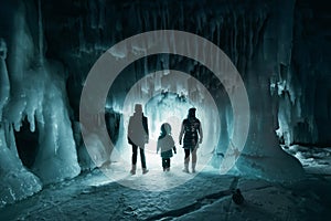 Surreal landscape with people exploring mysterious ice grotto cave. Outdoor adventure. Family exploring huge icy cave