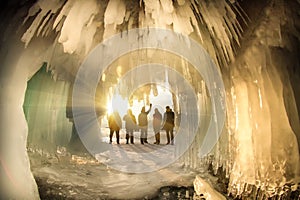 Surreal landscape with people exploring mysterious ice grotto cave. Outdoor adventure. Family exploring huge icy cave