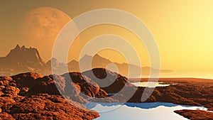 Surreal landscape with planet