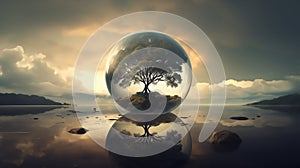 surreal landscape, serene trees and verdant landscape within a crystal sphere
