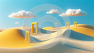 Surreal landscape of smooth sand dunes with bright yellow door frames under a clear blue sky.