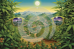 A surreal landscape unfolds, where towering marijuana plants bloom with mind - altering buds, and insects don sunglasses and