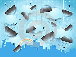 Surreal landscape with urban skyline and flying umbrellas