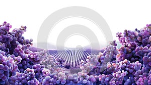 Surreal landscape with a valley of grape-like purple orbs stretching into the distance, bordered by larger, vibrant clusters photo