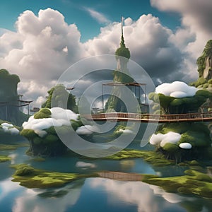 A surreal landscape where floating islands are connected by whimsical bridges, surrounded by fluffy clouds1