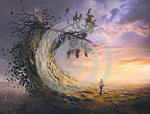 Surreal landscape and woman