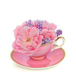 Surreal Lavender and Rose Flower Tea Cup Design photo
