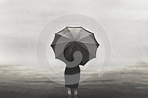 Surreal lonely woman walks in the sea in the rain protected by an umbrella