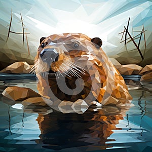 Surreal Low Poly Beaver Portrait In Mosaic Style Vector Illustration