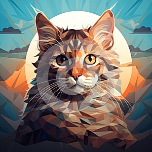 Surreal Low Poly Cat Portrait In Richly Colored Sky Style