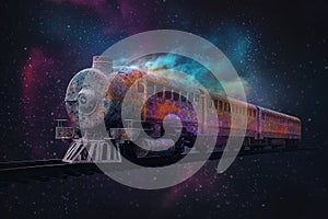 Surreal magic train in the astral space. Railway trip on the magic train with good aura.