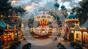 A surreal magical theme park funfair with a lot of carousel and games