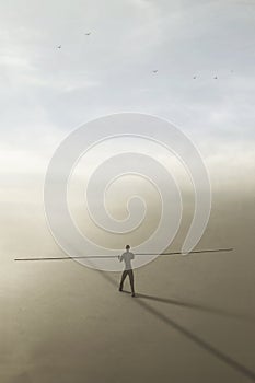 Surreal man balances a very long rod along an imaginary line