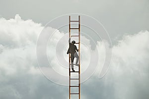 Surreal man tries to reach the sky with a ladder, concept is business and succes