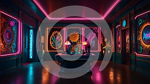 A surreal maximalist composition with contrasting textures, neon lights, and intricate details photo