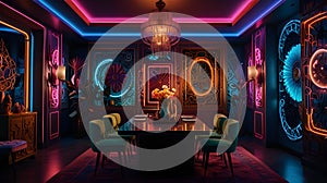 A surreal maximalist composition with contrasting textures, neon lights, and intricate details photo