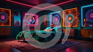 A surreal maximalist composition with contrasting textures, neon lights, and intricate details photo