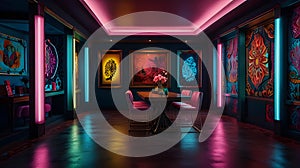 A surreal maximalist composition with contrasting textures, neon lights, and intricate details photo