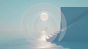 Surreal minimalist stairs leading to the sun over a calm sea. Conceptual design for tranquility and meditation