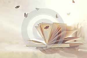 Surreal moment of freedom for butterflies coming out of an open book