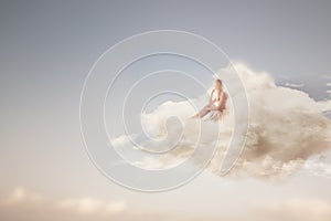 surreal moment of a woman flying on a cloud, abstract concept