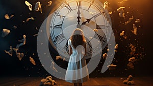 Surreal moment of a woman standing in front of clock. Generative Ai