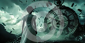 Surreal moment of a woman standing in front of clock. Generative Ai