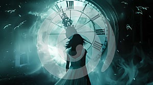 Surreal moment of a woman standing in front of clock. Generative Ai