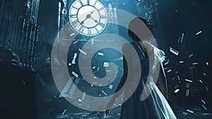 Surreal moment of a woman standing in front of clock. Generative Ai