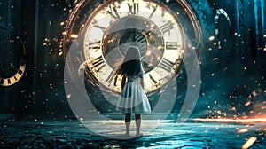 Surreal moment of a woman standing in front of clock. Generative Ai