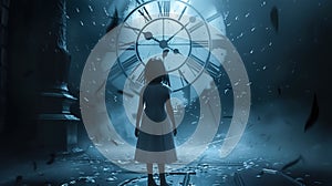 Surreal moment of a woman standing in front of clock. Generative Ai