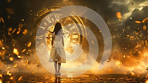 Surreal moment of a woman standing in front of clock. Generative Ai