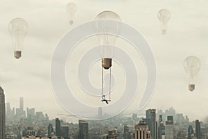 Surreal moment of a woman traveling on a swing carried by a light bulb over a metropolis