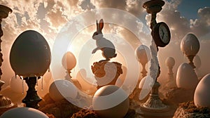 In a surreal monochromatic Easter background, a rabbit perches atop an egg, blending whimsy with simplicity in a