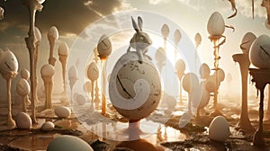 In a surreal monochromatic Easter background, a rabbit perches atop an egg, blending whimsy with simplicity in a