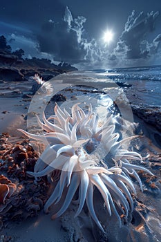 Surreal Moonlit Seascape with Luminescent Flowers and Rocky Shore Under a Starry Sky