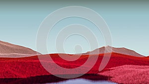 Surreal mountains landscape with bright red peaks and gray sky. Minimal abstract background. Shaggy surface with a