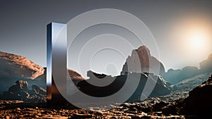 Surreal mountains landscape of Mars with silver cube. Minimal abstract background with fog. 3d rendering