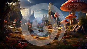 surreal mushroom landscape, fantasy wonderland landscape with mushrooms moon