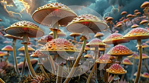 Surreal mushroom landscapes, fantasy wonderland landscape with moon mushrooms