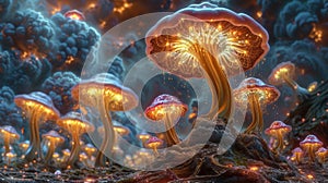 Surreal mushroom landscapes, fantasy wonderland landscape with moon mushrooms