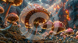 Surreal mushroom landscapes, fantasy wonderland landscape with moon mushrooms
