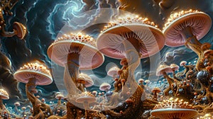 Surreal mushroom landscapes, fantasy wonderland landscape with moon mushrooms