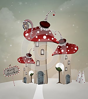 Surreal mushrooms village at christmas time